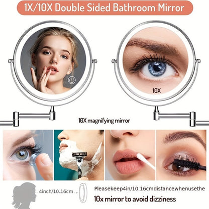 Wall Mounted Lighted Makeup Mirror 10X Magnification - 8 Inch LED Vanity Mirror 1X/10X Double Sided, 3-Color Touch Dimmer, 360° Swivel, USB Rechargeable Bathroom Mirror, Black Silver Gold