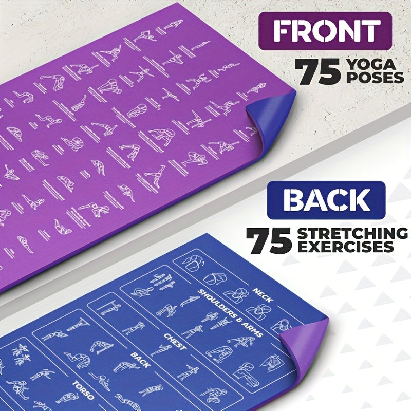 Yoga Mat with 75 Yoga Pose Illustrations & Side Storage Bag – Non-Slip Extra Thick Flexible Durable Exercise Mat for Beginners Men Women – 75 Stretching Actions Cute Printed Yoga Mat