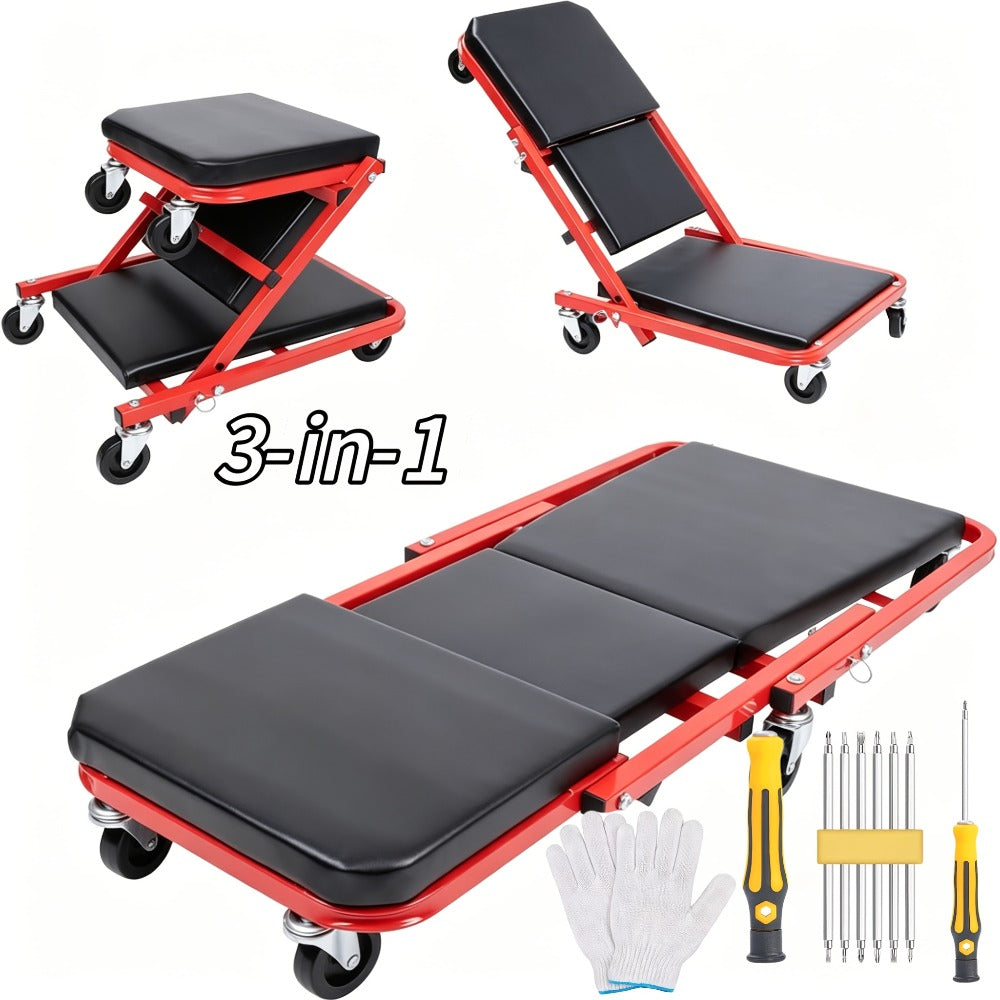 Mechanic Creeper 36-Inch Z-Crawl Folding – Adjustable Load Board, 6-Wheel 2.5" Rolling Garage Repair Seat, Universal Fit with Optional Tool Kit Bundles
