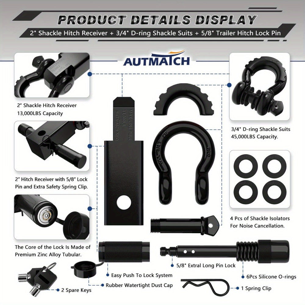 Shackle Hitch Receiver Kit 2 Inch – 45,000 lbs Break Strength, Drop-Forged Steel, Lock Pin & D-Ring, Fits Truck RV ATV Boat, 8 Colors, Towing Recovery Set