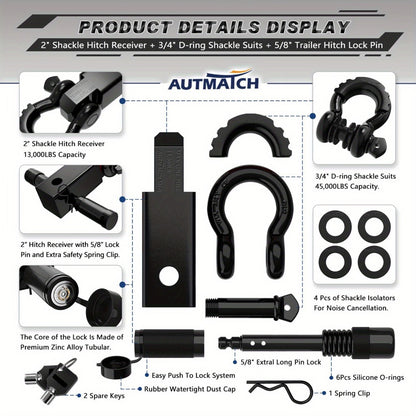 Shackle Hitch Receiver Kit 2 Inch – 45,000 lbs Break Strength, Drop-Forged Steel, Lock Pin & D-Ring, Fits Truck RV ATV Boat, 8 Colors, Towing Recovery Set