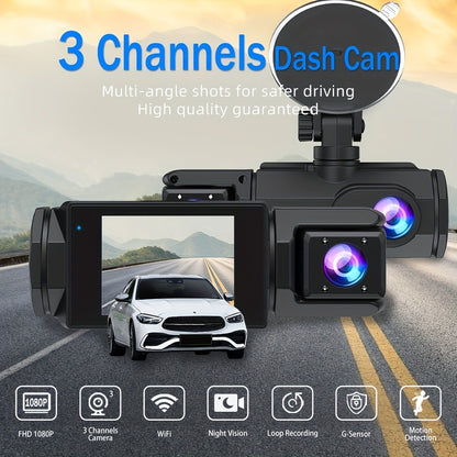 Dash Cam 3-Channel Front Inside Rear – 1080P 170° Wide Angle WiFi Night Vision Loop Recording G-Sensor with 2" IPS Screen & 32GB Card
