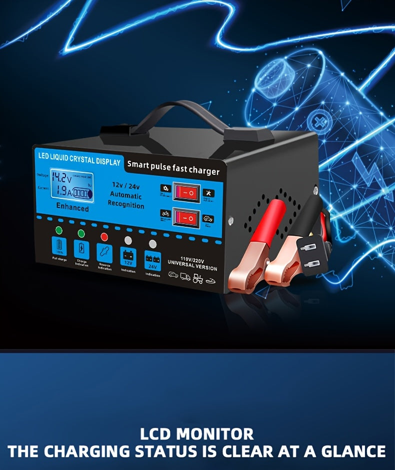 12V And 24V Intelligent Universal Battery Charger Inverter, with LCD Display Intelligent Maintenance Overcharge And Short Circuit Protection, Suitable for Intelligent Trickle Charging Maintenance of Various Cars, Yachts, And Batteries