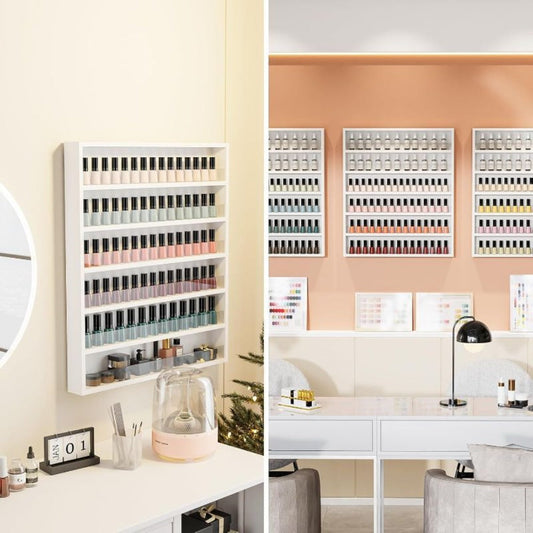 Wall Mount Nail Polish Rack 6 Tier Holds 120 Bottles with Acrylic Baffles — Large Nail Varnish Display Shelf Organizer for Salon Home White Black