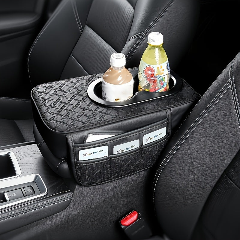[PU Leather Console Mat] Universal Car Armrest Box Cover, PU Leather Center Console Mat With 2 Side Pockets + 2 Cup Holders, Multi-Functional Storage For Phone/Water Bottle/Cards, Fits Most Car Models, Tissue Box Replacement 3pcs Set-1