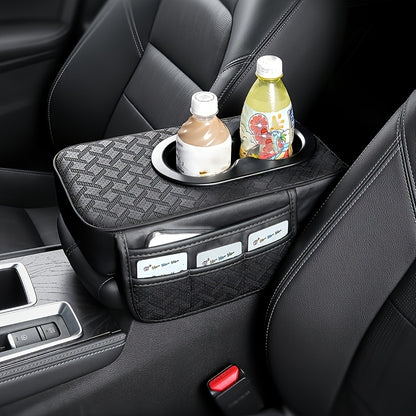 [PU Leather Console Mat] Universal Car Armrest Box Cover, PU Leather Center Console Mat With 2 Side Pockets + 2 Cup Holders, Multi-Functional Storage For Phone/Water Bottle/Cards, Fits Most Car Models, Tissue Box Replacement 3pcs Set-1