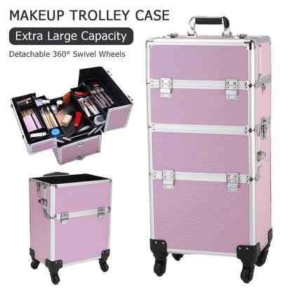 Lockable Aluminum Makeup Train Case with Extendable Trays Multi-Tier Professional Cosmetic Organizer — Portable Salon Travel Beauty Case with Lock Pink Rose Gold