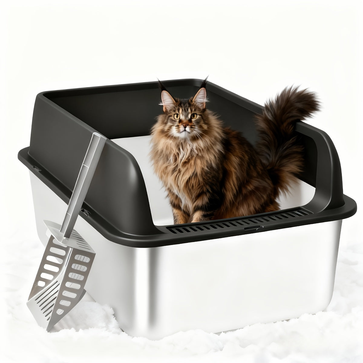 Stainless Steel Cat Litter Box with High Sides & Lid - Metal Litter Pan Anti-Leak Non-Stick Easy Clean Indoor Cat Toilet with Scoop, M & L Sizes
