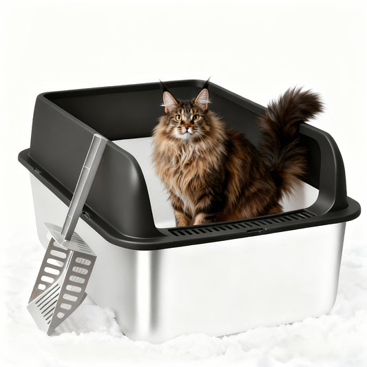 Stainless Steel Cat Litter Box with High Sides & Lid - Metal Litter Pan Anti-Leak Non-Stick Easy Clean Indoor Cat Toilet with Scoop, M & L Sizes