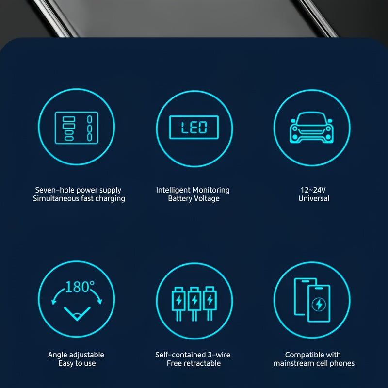7-in-1 Car Fast Charging Mobile Phone Charger, Equipped With 3 Extendable Cables And Fast Charging Interface, Universal Plug, Easy To Operate, Supports 180 ° Free Adjustment Angle, And Is Equipped With LED Intelligent Digital Display Screen
