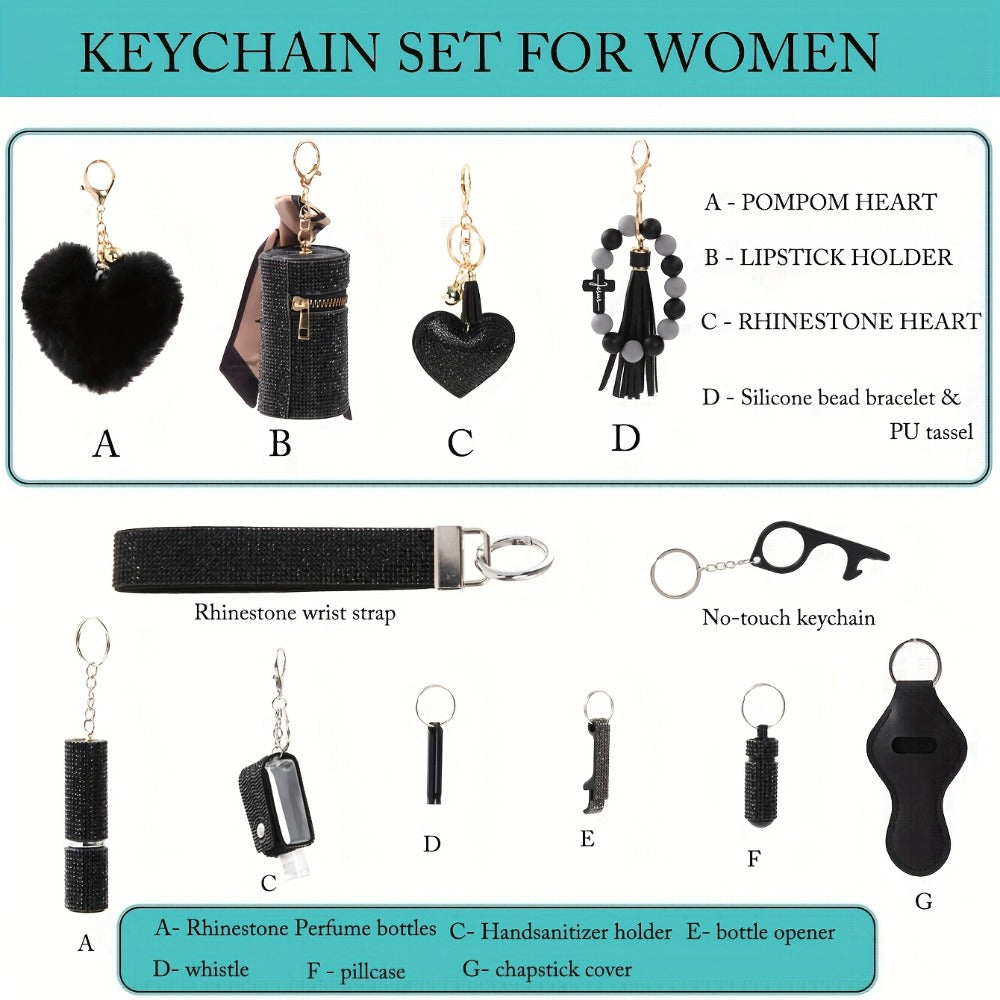 Rhinestone Keychain Set for Women 13-Piece – Safety Gadgets with Window Breaker Whistle Hand Sanitizer Holder Perfume Bottle Beaded Bracelet PU Tassel, Holiday Birthday Gift Box