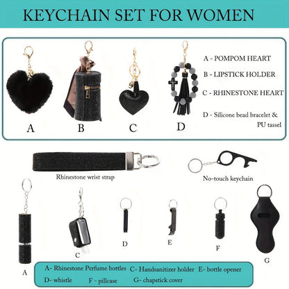 Rhinestone Keychain Set for Women 13-Piece – Safety Gadgets with Window Breaker Whistle Hand Sanitizer Holder Perfume Bottle Beaded Bracelet PU Tassel, Holiday Birthday Gift Box