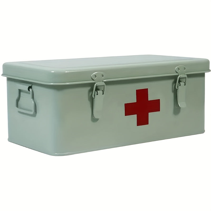 Metal First Aid Box with Safety Lock – Empty Medicine Storage Tin & Emergency Supply Organizer for Home Office Car Camping, Durable Steel First Aid Kit Container in Green Red White