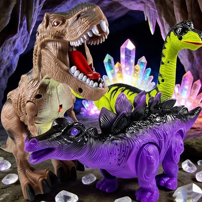 Interactive Dinosaur Toy Set 3-Pack with Sound Light & Walking – Electric Brachiosaurus Stegosaurus T-Rex Dino Toys for Boys Girls Ages 3-7, Birthday Christmas Gift