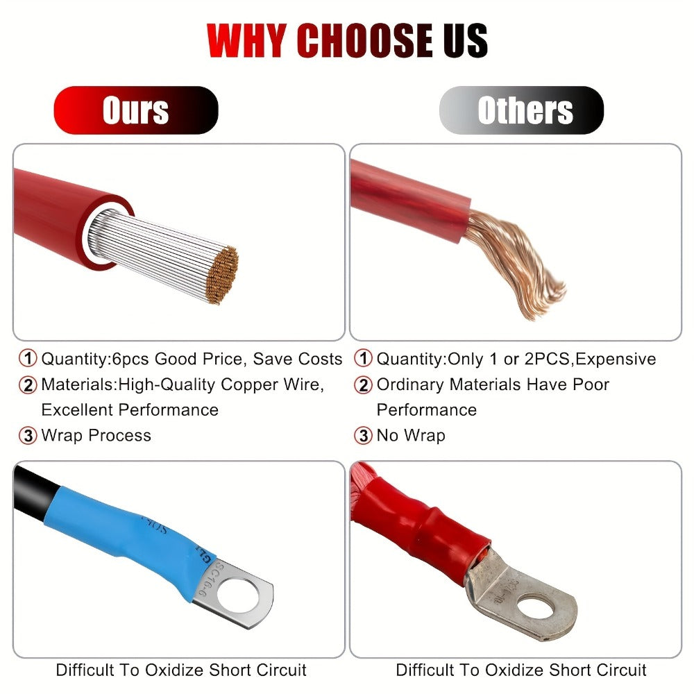 6AWG Battery Inverter Cables - 6-Pack 12-Inch Pure Copper Red & Black Cables with 5/16" Tinned Copper Lugs, PVC Insulated for Car, Truck, Boat, Solar & Battery Pack Parallel or Series Connections