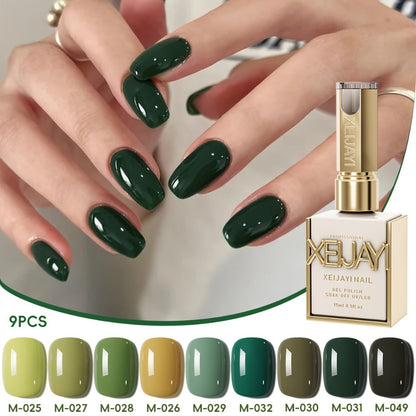 Green Forest Gel Nail Polish Set 9 Colors Photo Frame Bottle — Semi-Permanent UV LED Soak Off 0.51oz High Pigmentation Mint Sage Olive Emerald Long Lasting DIY Home Salon Nail Art Gift Women