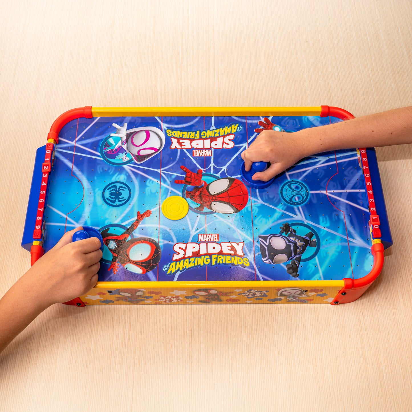 Kids Tabletop Air Hockey Table Marvel Spidey and His Amazing Friends - Officially Licensed Wood Surface, Manual Score Tracker, Indoor Game for Boys Girls Ages 3+ | Birthday Christmas Holiday Gift