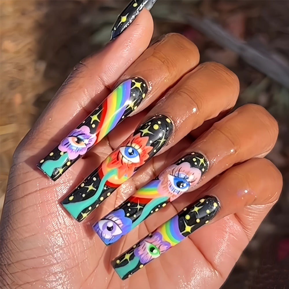 Press On Nails Set 120pcs 5 Boxes Extra Long Cosmic Eyes Crystal Rhinestones Matte Colorful Stripes Floral Glue-On Wearable Nail Art Variety Pack Festive Gift for Women Teens Party Holiday
