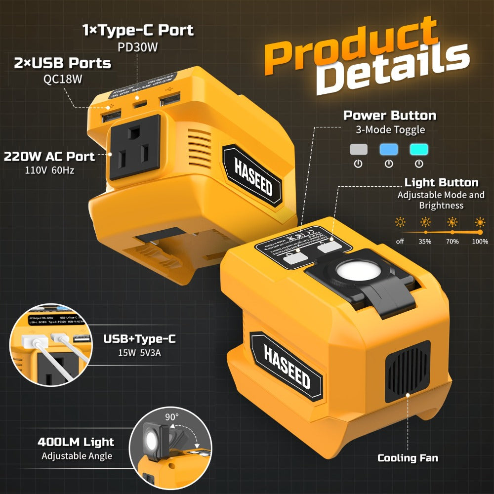 Portable Power Inverter 200W - DeWalt 20V Battery Compatible, DC to AC 110V, 2 USB + Type-C Fast Charging, 400LM Work Light, for Car, Camping & Outdoor Use