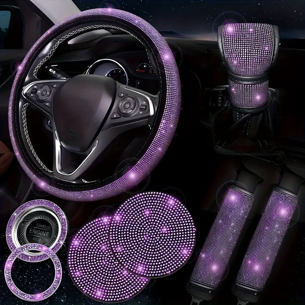 Rhinestone Car Accessories Set for Women 8 Pcs – Bling Steering Wheel Cover Cup Coasters Seat Belt Pads Shift Knob Cover Starter Rings – Multicolor Pink Purple