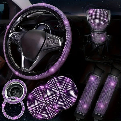 Rhinestone Car Accessories Set for Women 8 Pcs – Bling Steering Wheel Cover Cup Coasters Seat Belt Pads Shift Knob Cover Starter Rings – Multicolor Pink Purple
