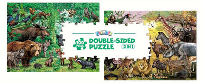 Double Sided Puzzle for Kids 100 Pieces Jungle Animals – 2-in-1 Jigsaw Educational Toy for Boys & Girls Ages 3 4 5 6 7 8, Fun Learning Activity, Birthday Christmas Thanksgiving Easter Gift