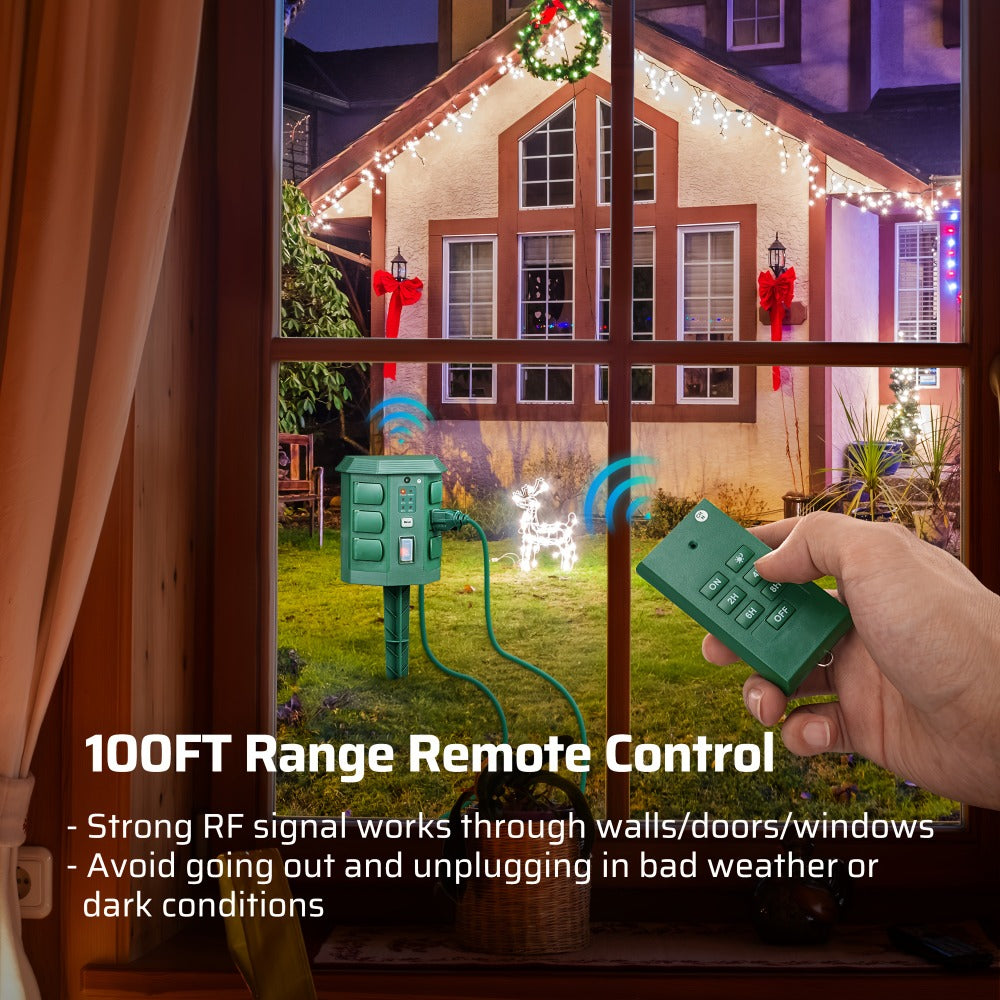 Outdoor Power Stake Timer 6 Outlet Weatherproof – 100FT Wireless Remote Control, Dusk to Dawn Photocell Sensor, 7 Timer Modes, 6FT Cord, Overload Protection for Garden Yard Christmas Holiday Lights