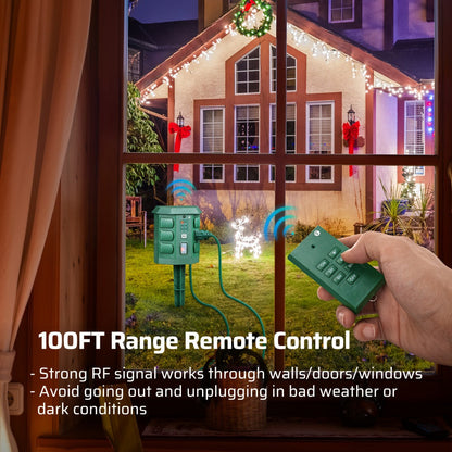 Outdoor Power Stake Timer 6 Outlet Weatherproof – 100FT Wireless Remote Control, Dusk to Dawn Photocell Sensor, 7 Timer Modes, 6FT Cord, Overload Protection for Garden Yard Christmas Holiday Lights