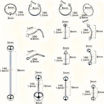 Piercing Kit Stainless Steel Random Set – Nose Bone Ear Tragus Lip Belly Button Eyebrow Piercing Needle Tools with Stainless Steel Jewelry, Trendy Body Piercing Accessories for Men and Women