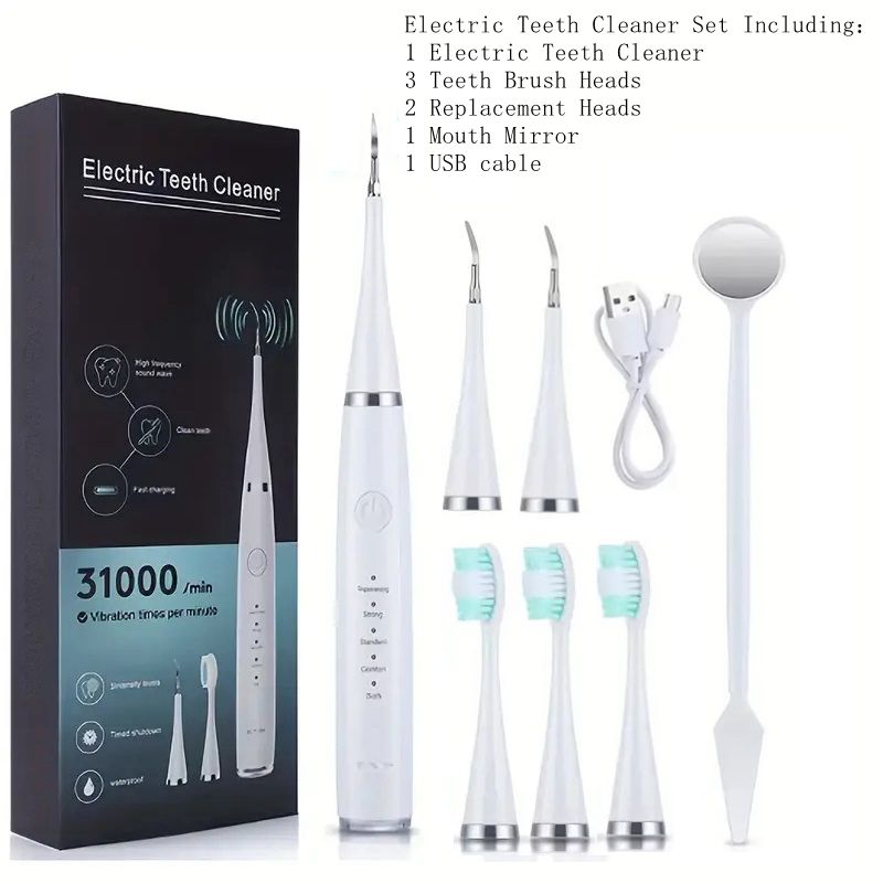 Electric Teeth Cleaner Kit USB Rechargeable – 5 Cleaning Modes Dental Scaler Plaque Tartar Remover Gum Health Tool for Adults Family Holiday Gift Set Black White Green