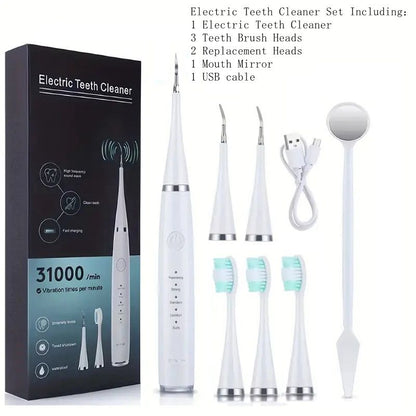 Electric Teeth Cleaner Kit USB Rechargeable – 5 Cleaning Modes Dental Scaler Plaque Tartar Remover Gum Health Tool for Adults Family Holiday Gift Set Black White Green