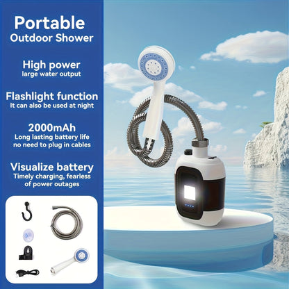 Portable Outdoor Shower with Light 2-in-1 – 2000mAh Rechargeable, Power Display, Spray Nozzle, Hose & Suction Cup – Camping, Hiking, Pet Bathing & Car Cleaning Shower Pump