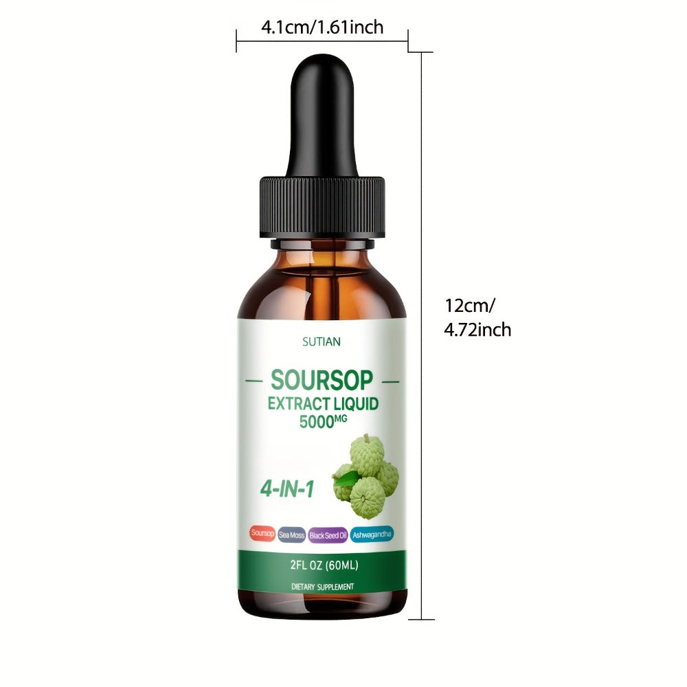 Soursop Liquid Drops 4-in-1 Bitter Concentrate with Black Seed Oil, Ashwagandha & Seaweed – High-Purity Graviola Extract for Immune Defense, Antioxidant & Stress Support | 2 fl oz | 1 or 2 Bottles