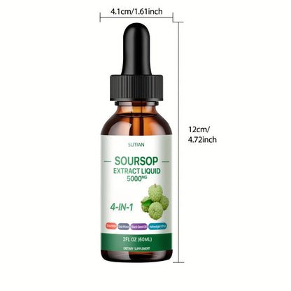 Soursop Liquid Drops 4-in-1 Bitter Concentrate with Black Seed Oil, Ashwagandha & Seaweed – High-Purity Graviola Extract for Immune Defense, Antioxidant & Stress Support | 2 fl oz | 1 or 2 Bottles