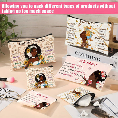 African American Makeup Bag 12-Pack Bulk Gift Set Inspirational African Queen Zipper Travel Cosmetic Pouch Toiletry Organizer for Black Women Birthday Church Sorority