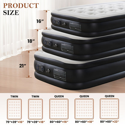 Inflatable Air Mattress with Built-In Pump - Double Height Adjustable, Non-Slip Bottom, Low Noise, 660 Lbs Capacity, Twin & Queen Sizes 16"/18"/22", for Outdoor Camping, Indoor Guest Bed, Backyard & Yard Use