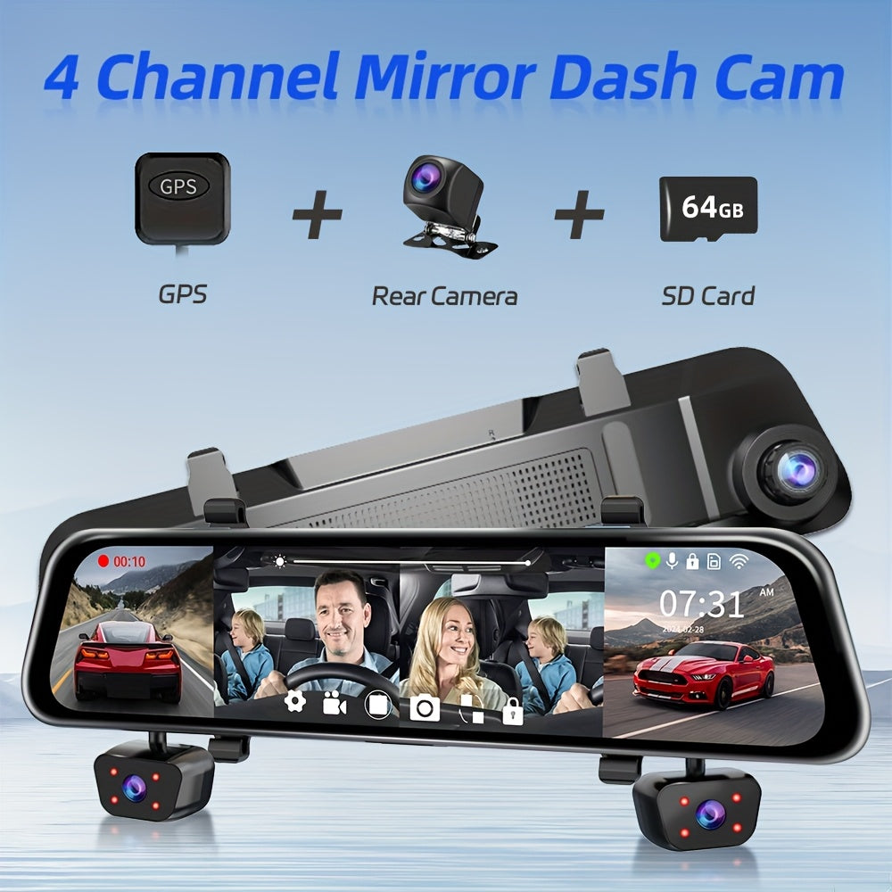 11.66" Rearview Mirror Dash Camera for Vehicles Featuring a Touch Screen, Wifi, GPS, And Multi-Functionality. It Includes a 360° Camera, 4K+1080P Recording for Front, Back, Left, And Right Views, a Night Vision G-Sensor, Loop Recording