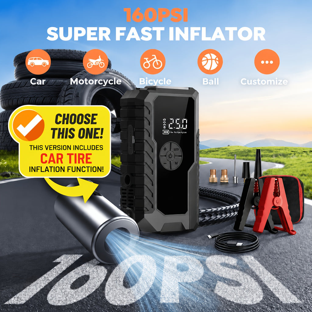 9-in-1Car Jump Starter 6500A 12V Portable Battery Booster with Air Compressor 160PSI, Emergency Power Bank for Car, LED Light Roadside Jump Starter Kit/4000A Portable Wireless Car Jump Starter