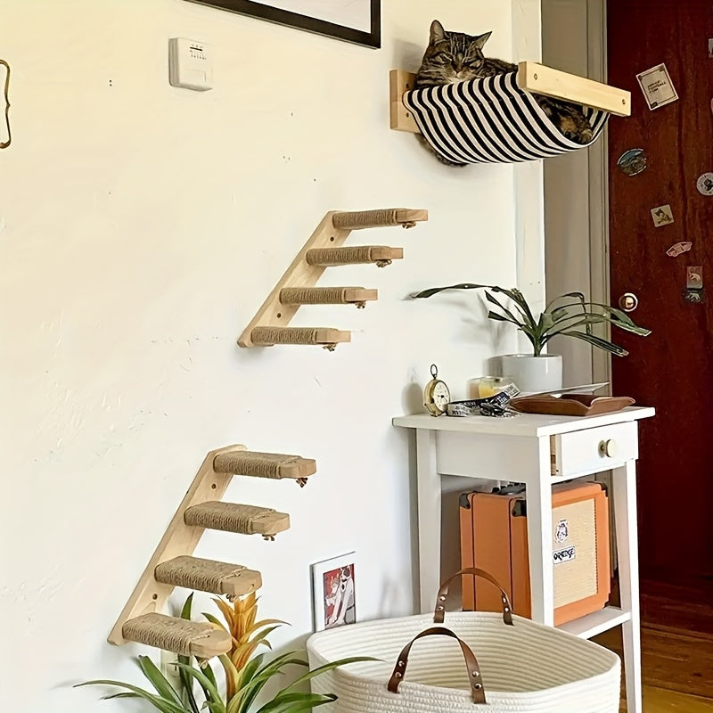 Wall-Mounted Cat Climbing Frame Solid Wood Cat Stairs Ladder Perch Jumping Platform All Season Indoor Cat Wall Furniture Adorable Cat Steps