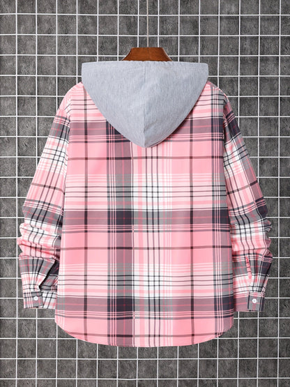 Men's Plaid Long Sleeve Hooded Shirt - Stretch