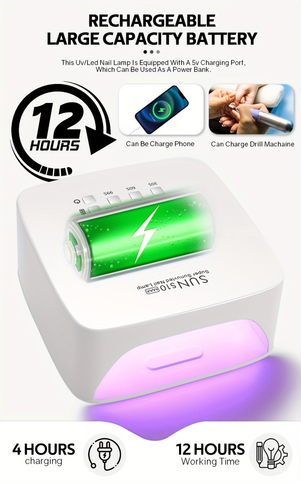 LED Nail Lamp Rechargeable HD Display Smart Nail Dryer Fast Cure All Gel Polish UV Light Cordless Portable Low Heat Mode Home Salon Professional Manicure Pedicure Tool White