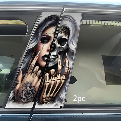 Car Door B-Pillar Vinyl Decal Stickers 2pcs Skull & Girls Design | Waterproof Scratch-Resistant Self-Adhesive Glossy Exterior Decor | Durable Car Body Stickers for SUV Truck Auto Styling