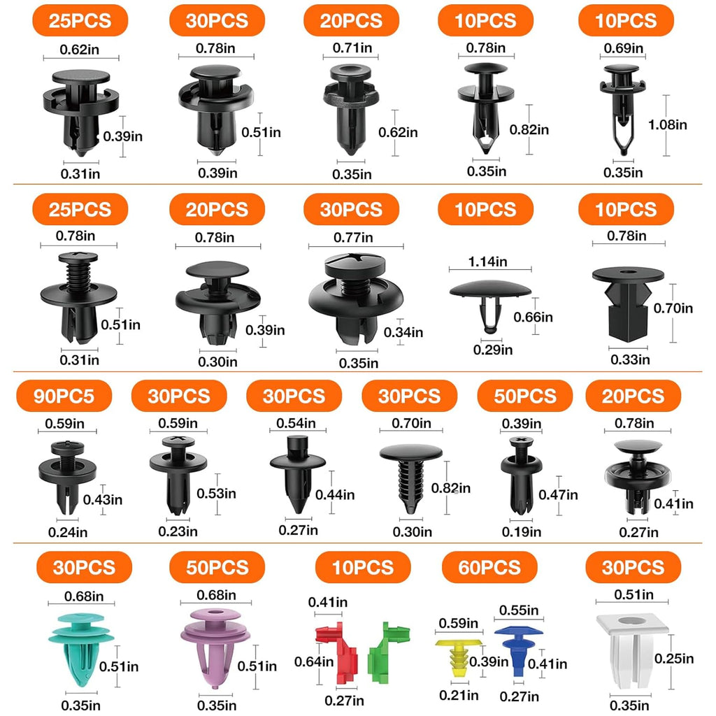 725pcs Automotive Push Pins & Bumper Clips Kit, Retainer Clips, Fender Fasteners, Door Panel And Trunk Trim Rivets With Removal Tool And Cable Ties, Compatible With for TOYOTA, for Honda, for Ford, for Chevrolet And for NISSAN, Fits Most Cars