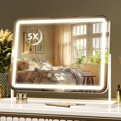Vanity Mirror with Lights and 5X Magnifying Spotlight, 3 Color Lighting Modes Dimmable Illuminated Cosmetic Mirror for Makeup Vanity Table Bathroom Counter Dressing Room, White Beauty Gift for Women