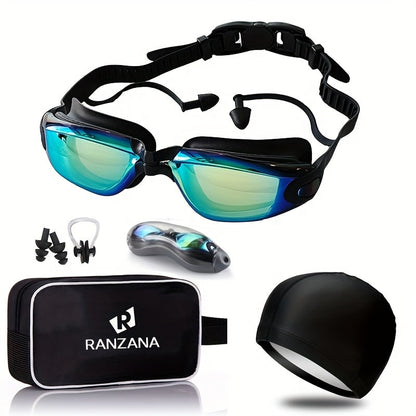 Swim Goggles Set 6pcs – Iridescent Coated PC Lens, UV Protection, Waterproof PU Swim Cap, Nose Clip, Earplugs, Case & Storage Bag for Adult Racing Swimming