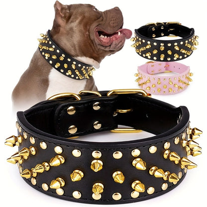 Spiked Dog Collar Faux Leather Mushroom Rivet Studded Adjustable Wide Punk Style for Pitbull Mastiff Bulldog Husky Rottweiler Medium Large Dogs M L 6 Colors