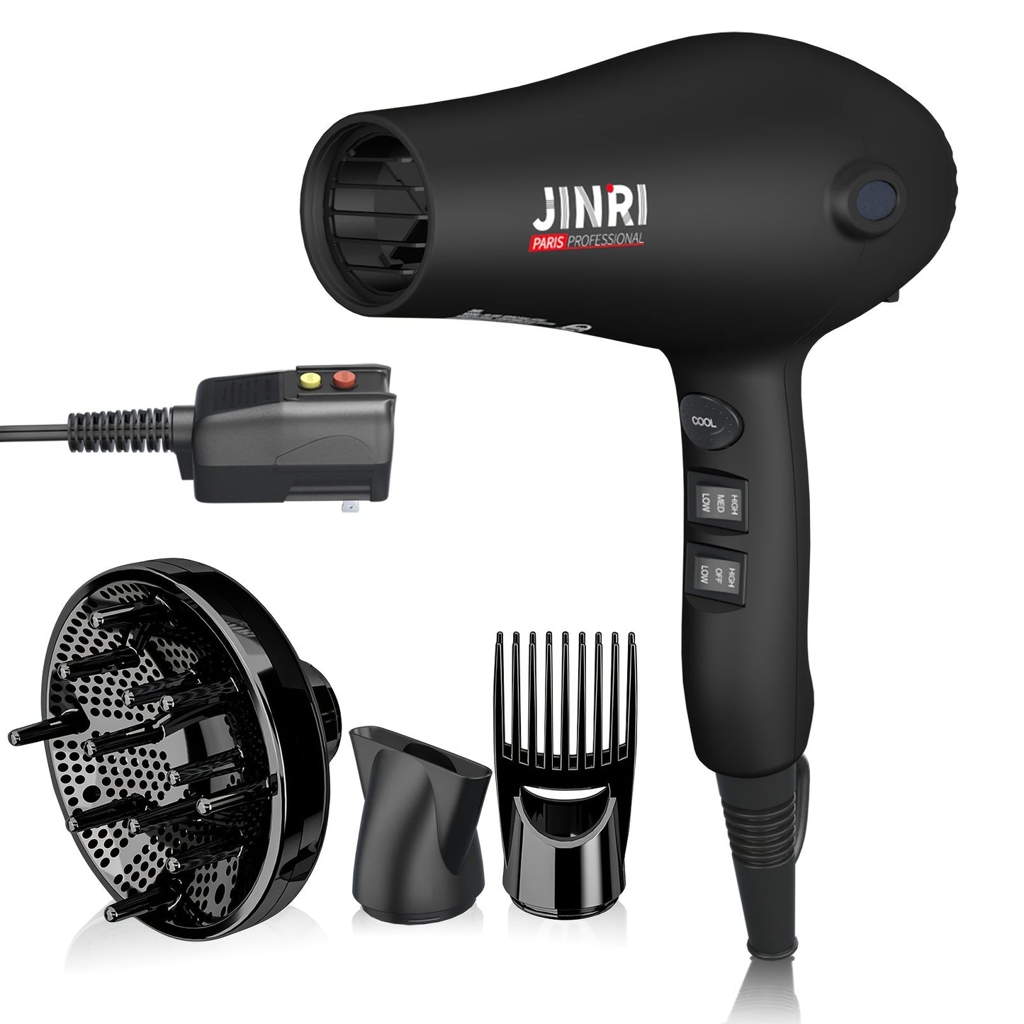 1875W Professional Hair Dryer with Diffuser & Concentrator — Ionic Technology, Salon-Quality Blowout for Curly Hair, Adjustable Cord, US Plug, Black