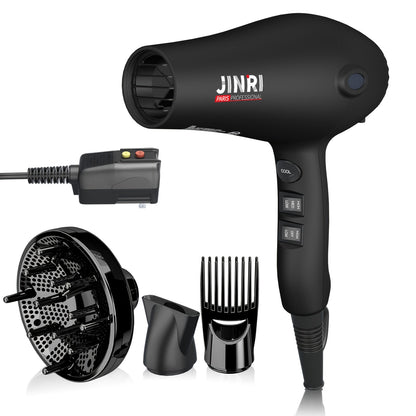 1875W Professional Hair Dryer with Diffuser & Concentrator — Ionic Technology, Salon-Quality Blowout for Curly Hair, Adjustable Cord, US Plug, Black