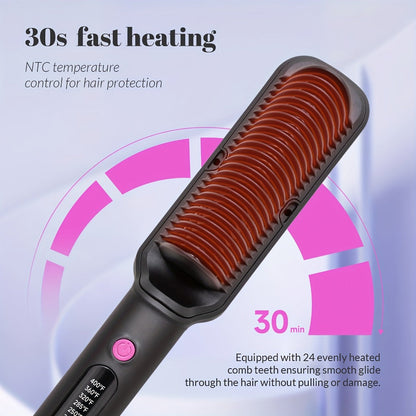 6-Setting Ionic Hair Straightener Brush with Fast Heat-Up & Anti-Scald Protection – Precise Temperature Control Flat Iron Straightening Comb for Women, All Hair Types, Home & Salon Use