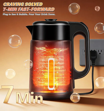 Electric Kettle 1000W Double Wall Stainless Steel – 57.48oz 304 SS Hot Water Kettle with 360° Rotary Base, LED Light, Auto Shut-Off & Boil-Dry Protection, Instant Water Warmer for Coffee & Tea – Black